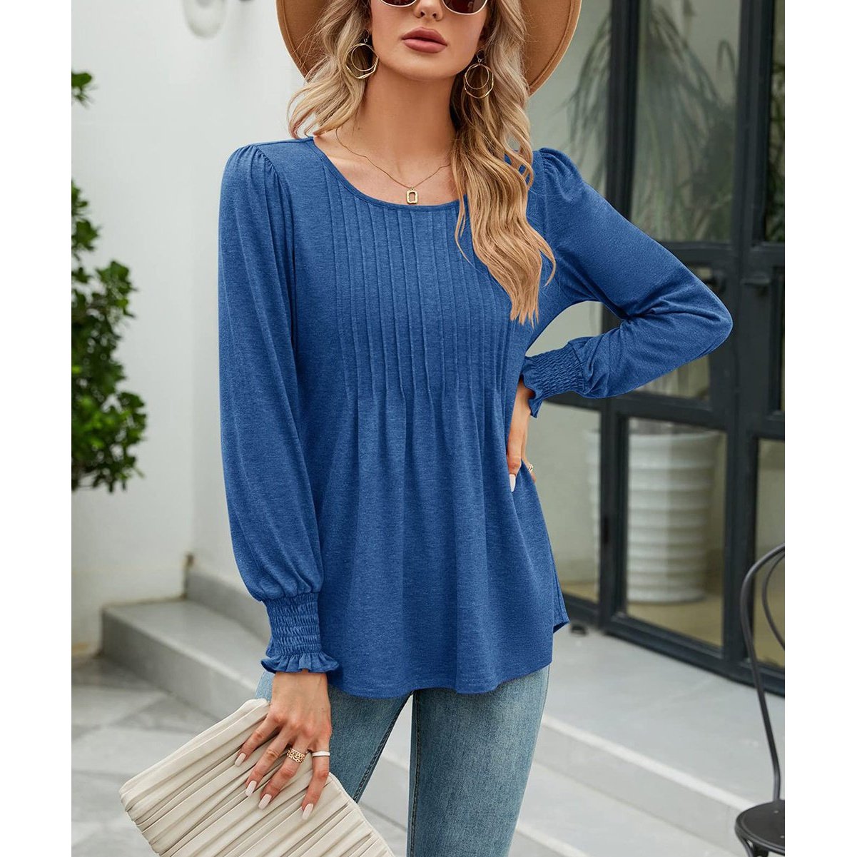 DESTASH Ronalda Blue Pleated Scoop Neck Top