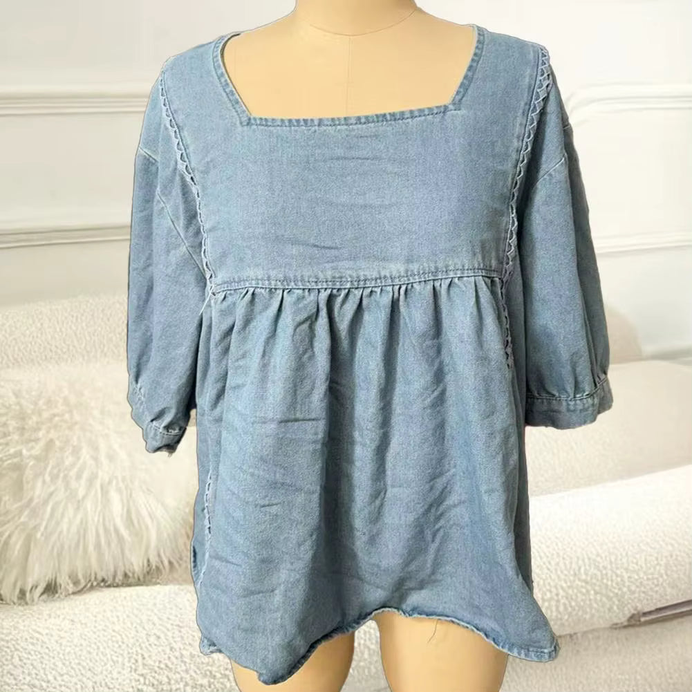 Ronalda Light Blue Denim Square-Neck Top
