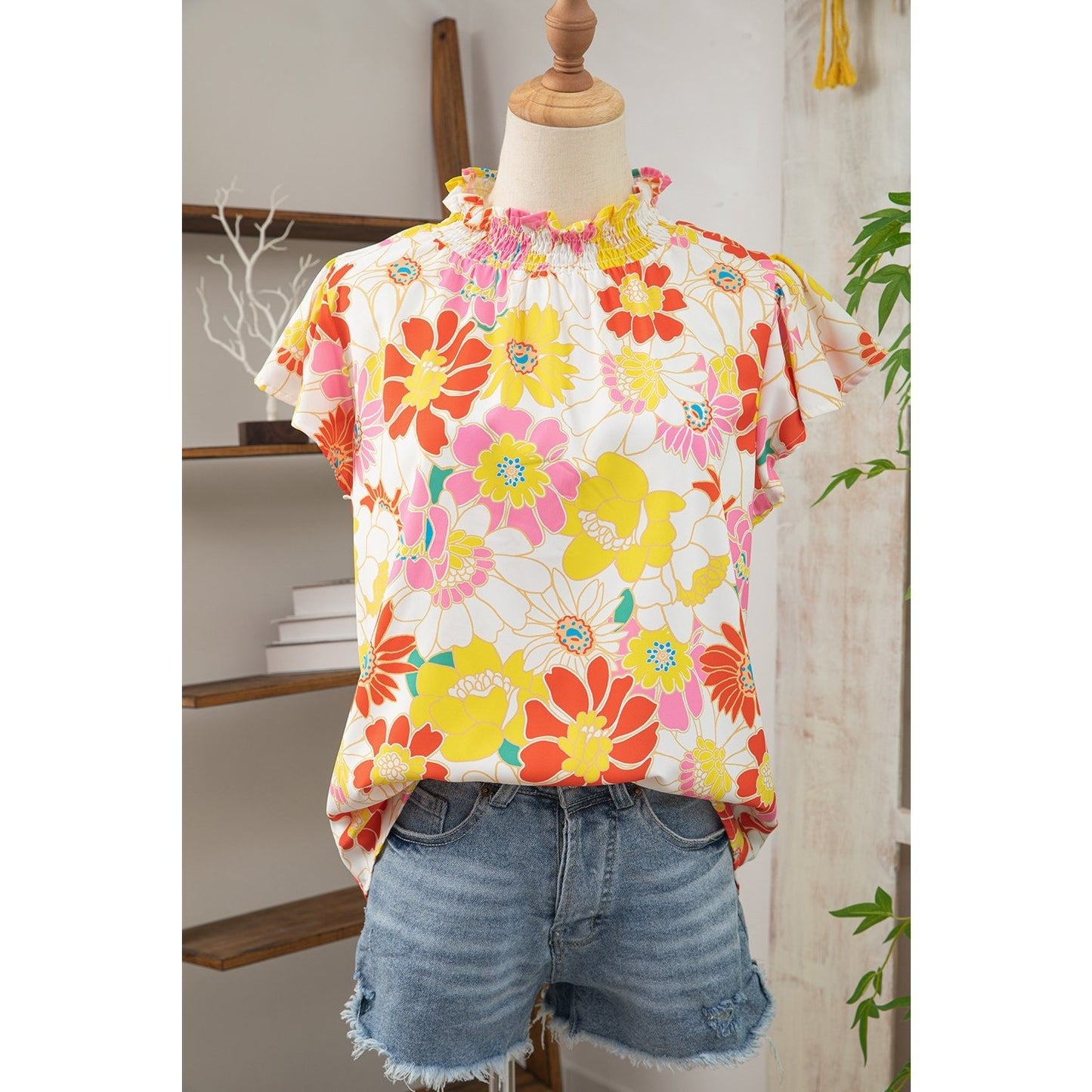 Ronda Yellow Multicolor Stand Collar Flutter Sleeves Floral Top