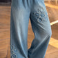 Ronda Beau Blue Frayed Floral Patch Wide Leg Raw Hem Wide Leg Jeans