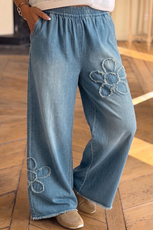 Ronda Beau Blue Frayed Floral Patch Wide Leg Raw Hem Wide Leg Jeans