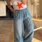 Ronda Beau Blue Frayed Floral Patch Wide Leg Raw Hem Wide Leg Jeans