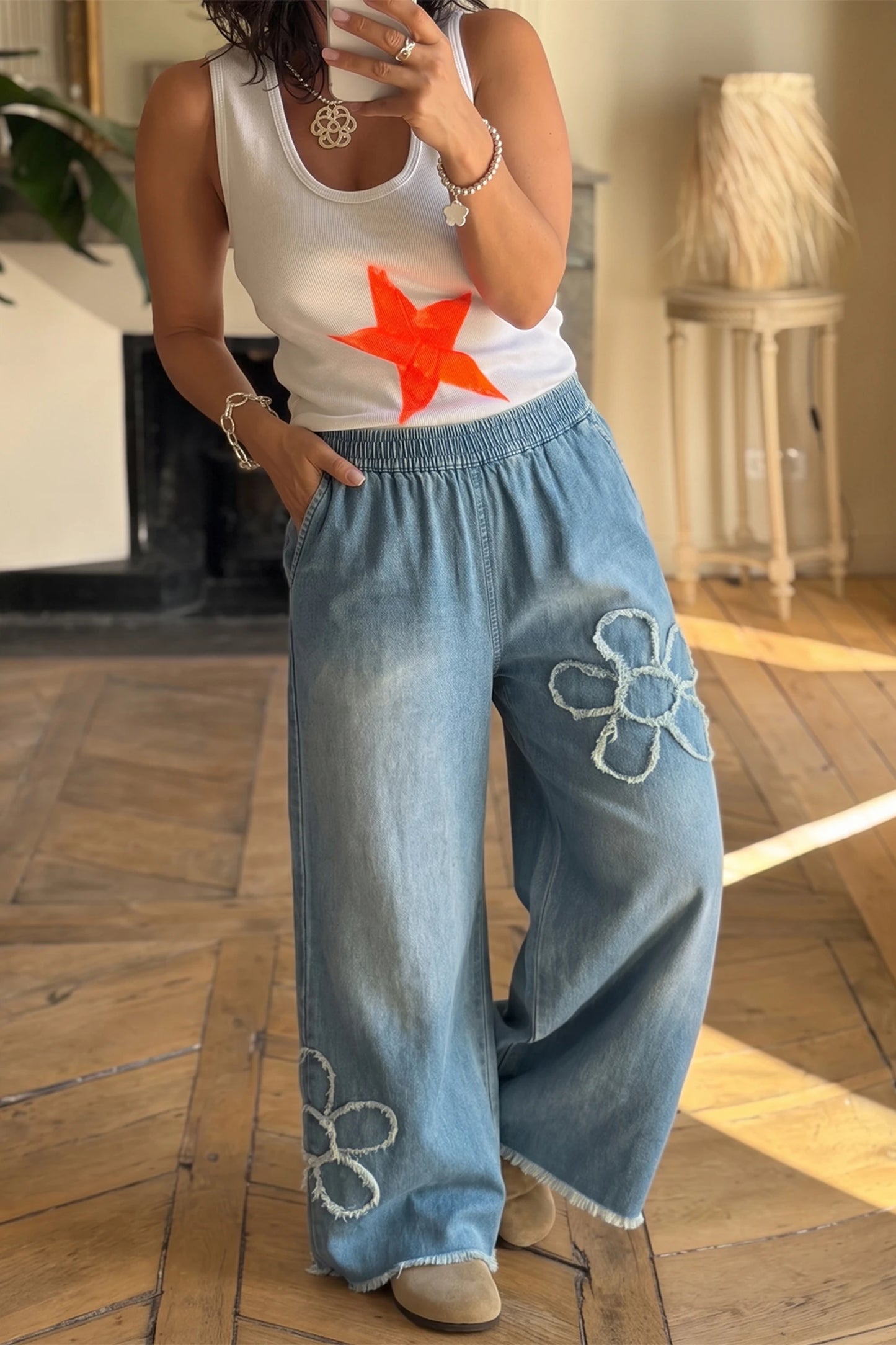 Ronda Beau Blue Frayed Floral Patch Wide Leg Raw Hem Wide Leg Jeans