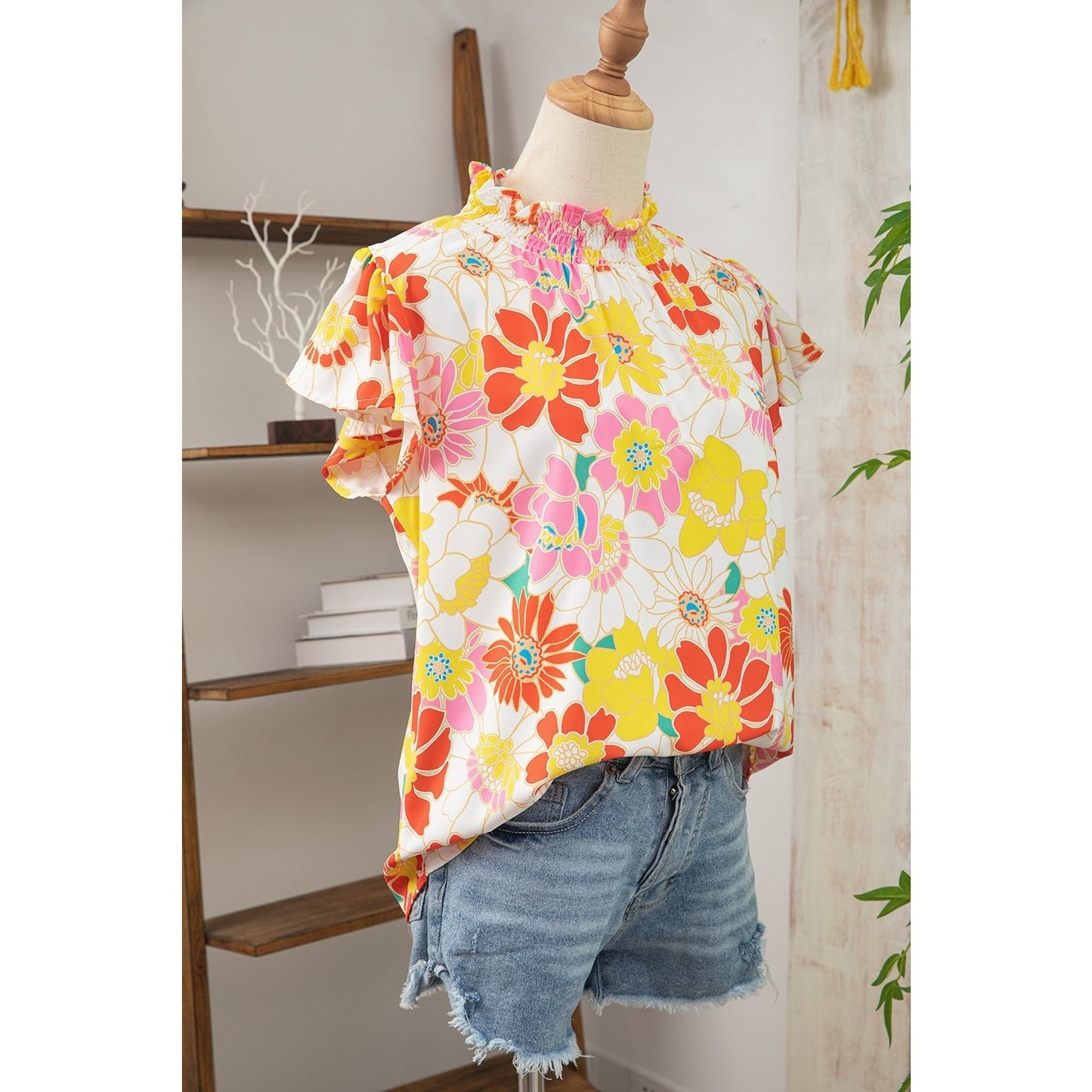 Ronda Yellow Multicolor Stand Collar Flutter Sleeves Floral Top