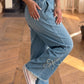 Ronda Beau Blue Frayed Floral Patch Wide Leg Raw Hem Wide Leg Jeans