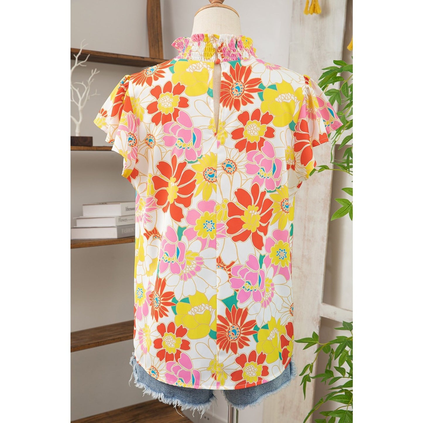 Ronda Yellow Multicolor Stand Collar Flutter Sleeves Floral Top