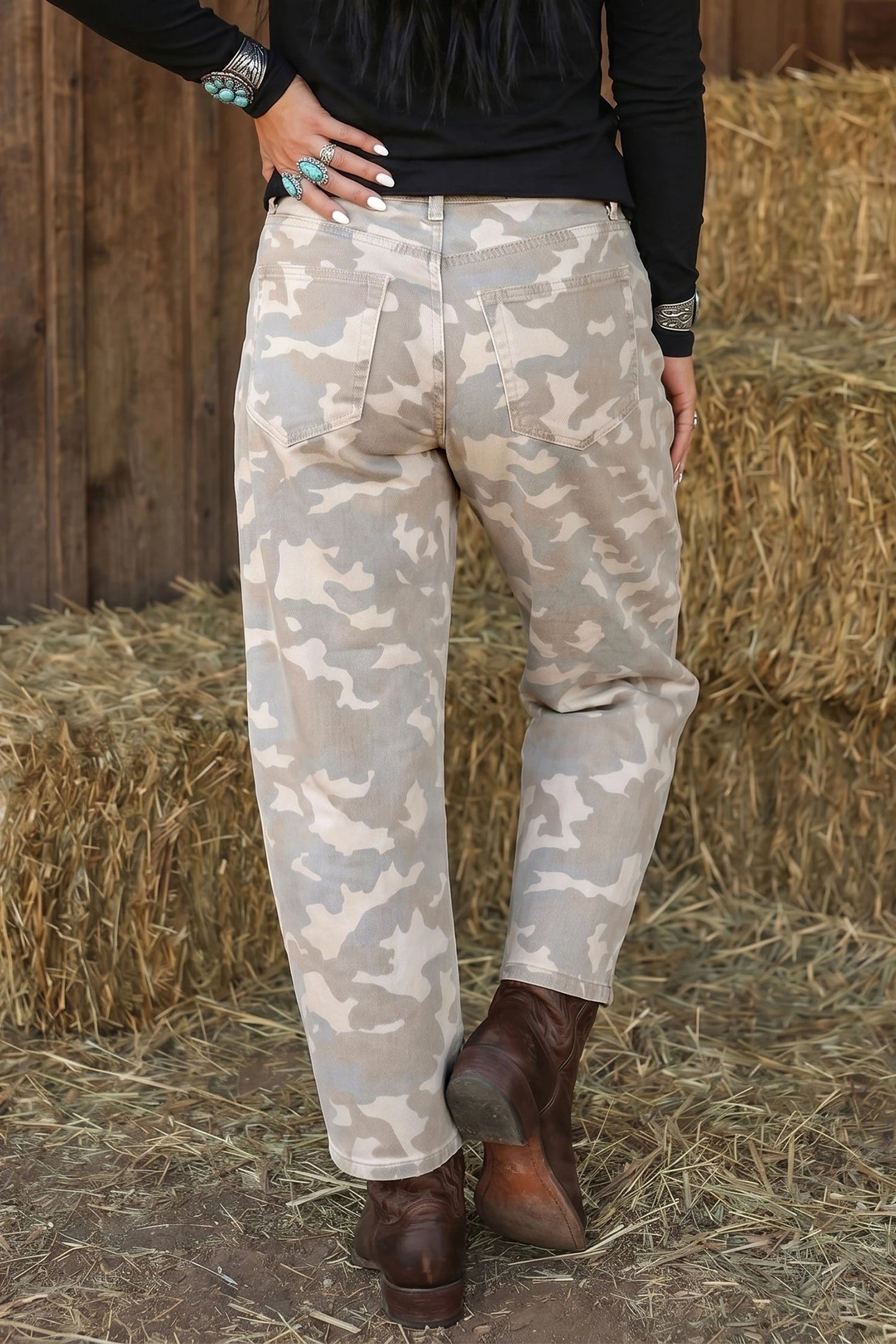 Rosalie Khaki Camouflage Print Pocket Ankle-Length Barrel Jeans