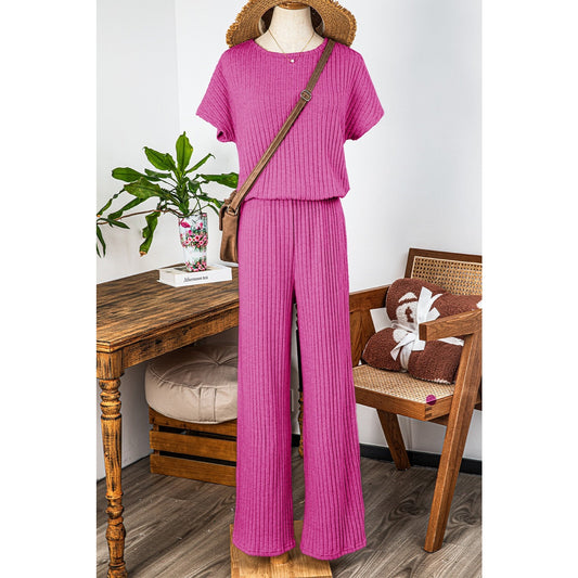 Grayson Pink Ribbed Short Sleeve Wide Leg Jumpsuit