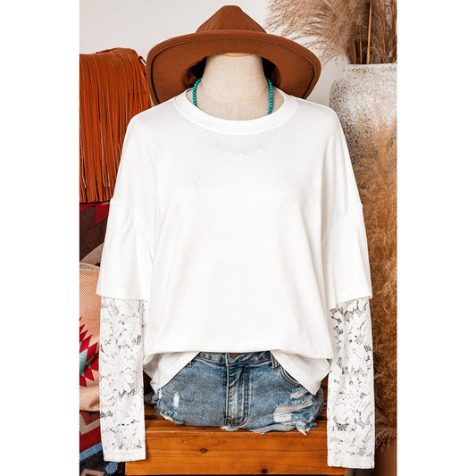 Roselle White Lace Long Sleeve Insert Drop Shoulder Tee