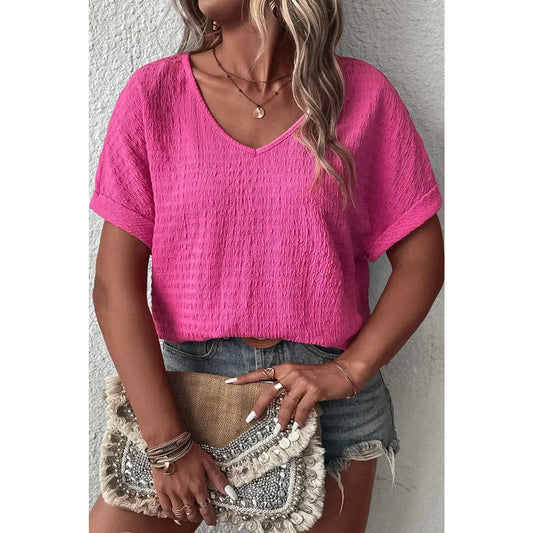 Roselle Bright Pink PLUS SIZE Textured Folded Sleeve V Neck T Shirt