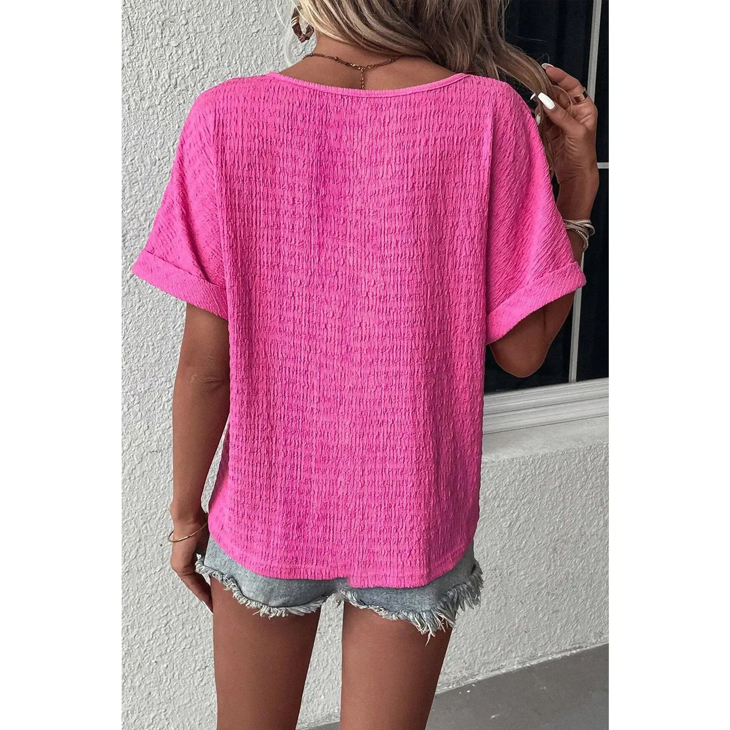 Roselle Bright Pink PLUS SIZE Textured Folded Sleeve V Neck T Shirt