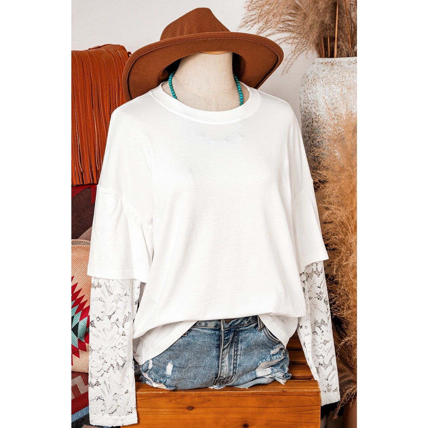 Roselle White Lace Long Sleeve Insert Drop Shoulder Tee