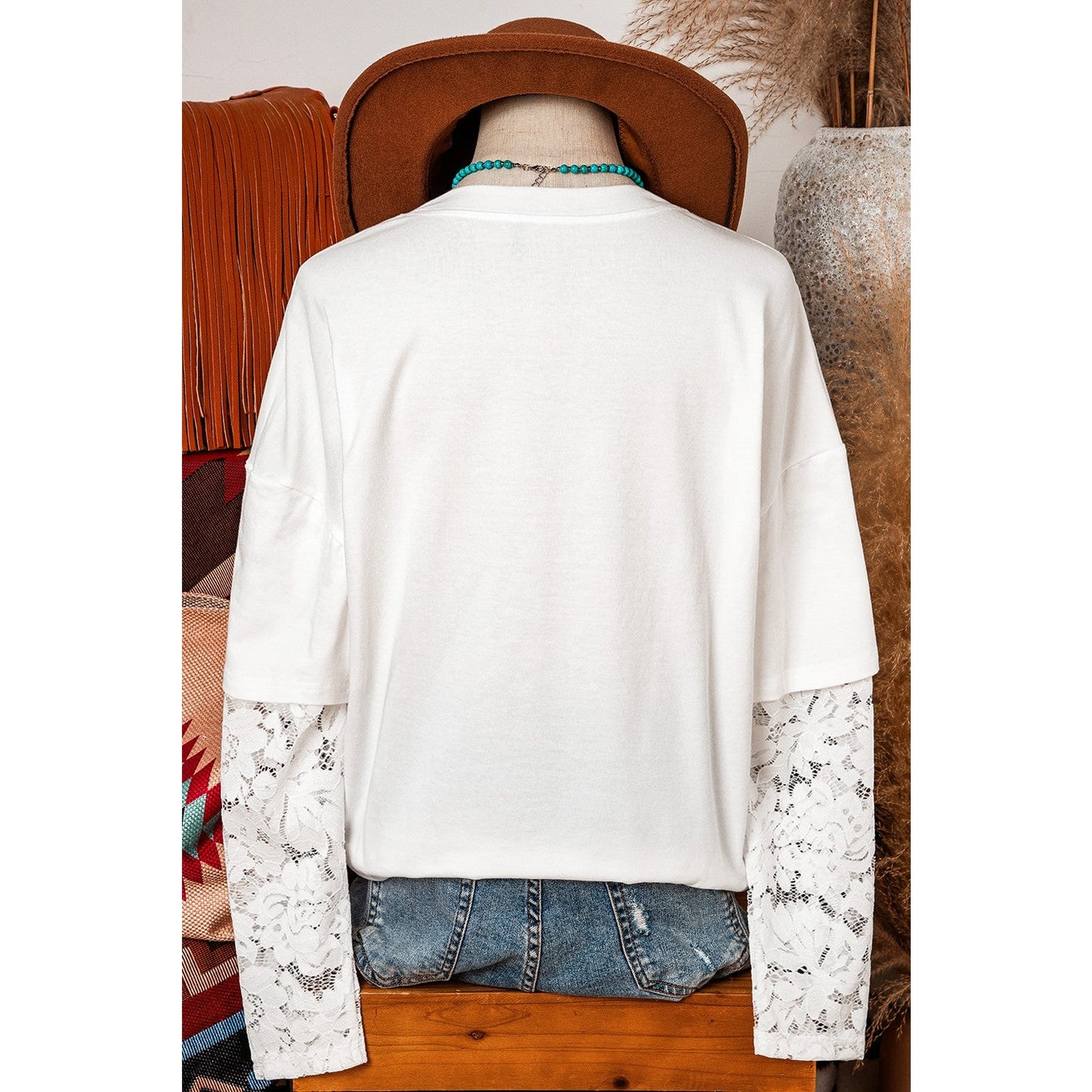Roselle White Lace Long Sleeve Insert Drop Shoulder Tee