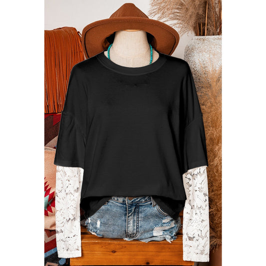 Roselle Black Lace Long Sleeve Insert Drop Shoulder Tee
