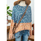 Rosetta Light Blue Floral Color Block Ruffled Hem Round Neck Blouse