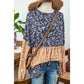 Rosetta Dark Blue Floral Color Block Ruffled Hem Round Neck Blouse
