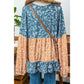 Rosetta Light Blue Floral Color Block Ruffled Hem Round Neck Blouse