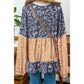 Rosetta Dark Blue Floral Color Block Ruffled Hem Round Neck Blouse