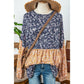 Rosetta Dark Blue Floral Color Block Ruffled Hem Round Neck Blouse