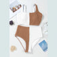 Rosette Brown Corded Colorblock Square Neck Bikini Swimsuit