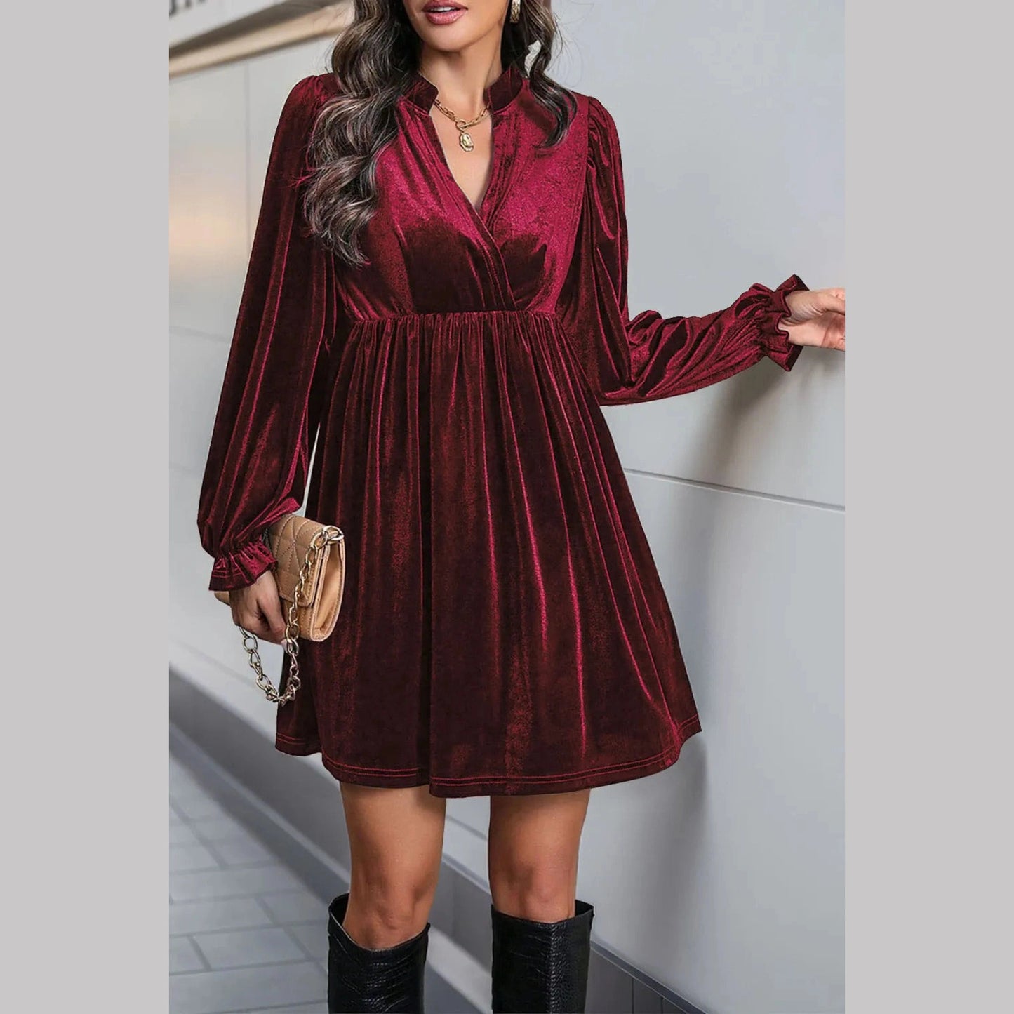 Rosette Wine Velvet High Waisted Mini Dress