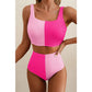 Rosette Pink Corded Colorblock Square Neck Bikini Swimsuit