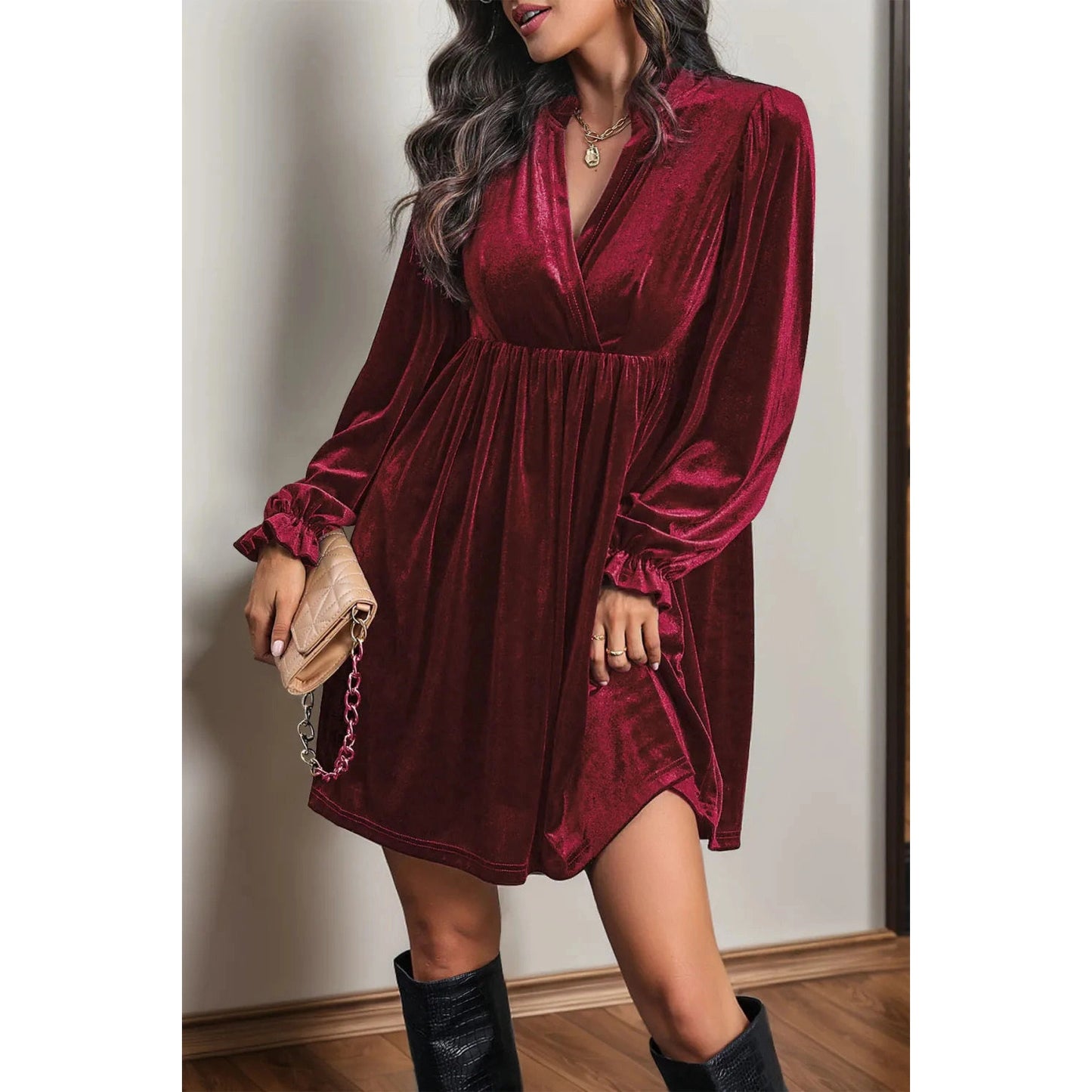 Rosette Wine Velvet High Waisted Mini Dress