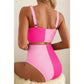 Rosette Pink Corded Colorblock Square Neck Bikini Swimsuit
