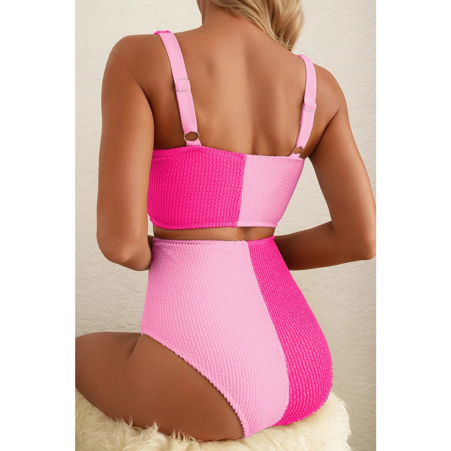 Rosette Pink Corded Colorblock Square Neck Bikini Swimsuit