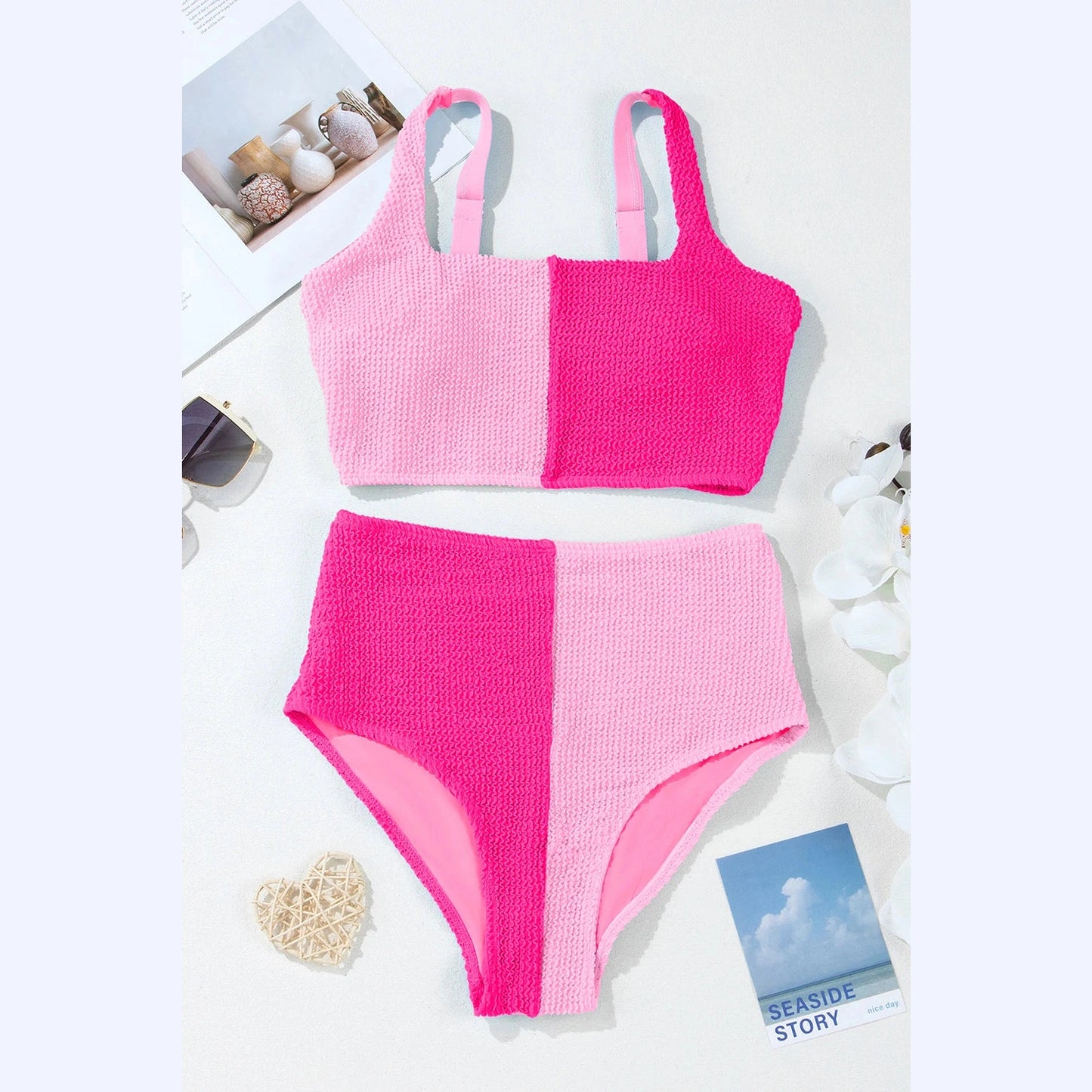 Rosette Pink Corded Colorblock Square Neck Bikini Swimsuit