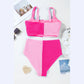 Rosette Pink Corded Colorblock Square Neck Bikini Swimsuit