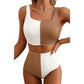 Rosette Brown Corded Colorblock Square Neck Bikini Swimsuit