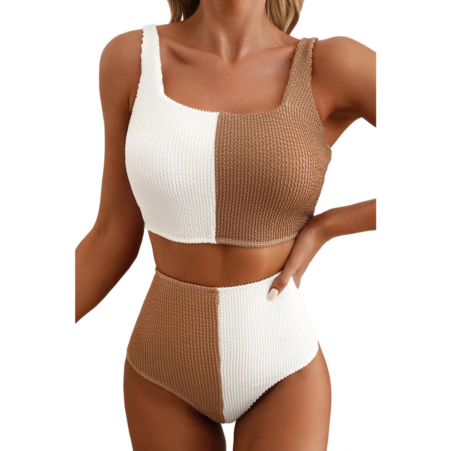 Rosette Brown Corded Colorblock Square Neck Bikini Swimsuit