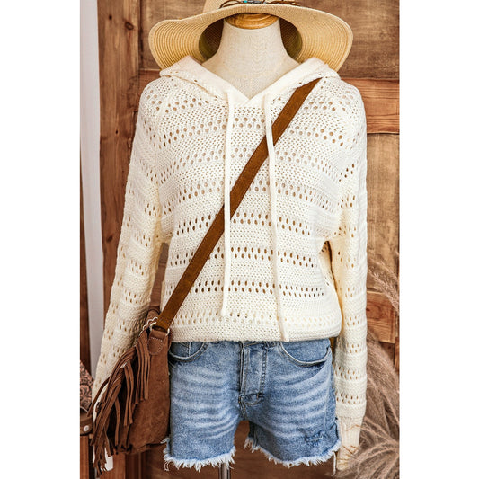 Roshelle White Pointelle Knit Raglan Sleeve Hooded Sweater