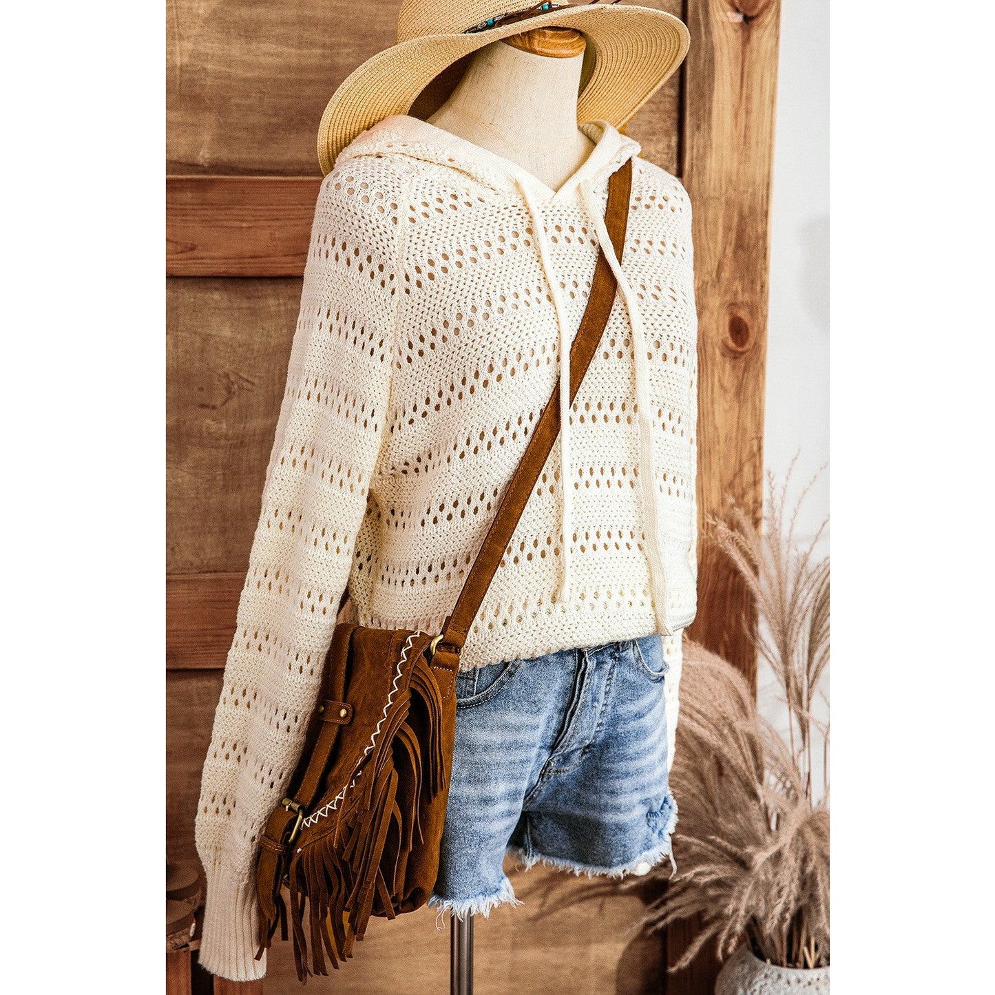 Roshelle White Pointelle Knit Raglan Sleeve Hooded Sweater