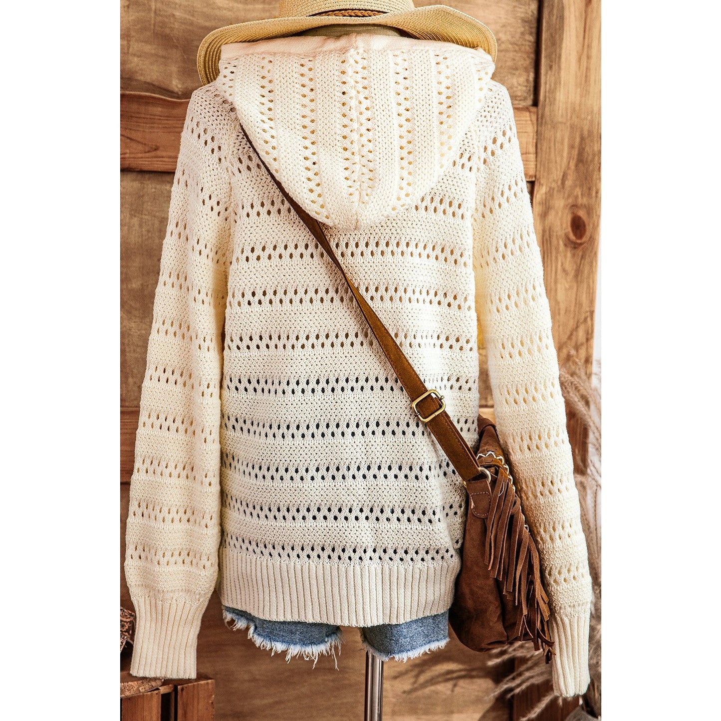 Roshelle White Pointelle Knit Raglan Sleeve Hooded Sweater