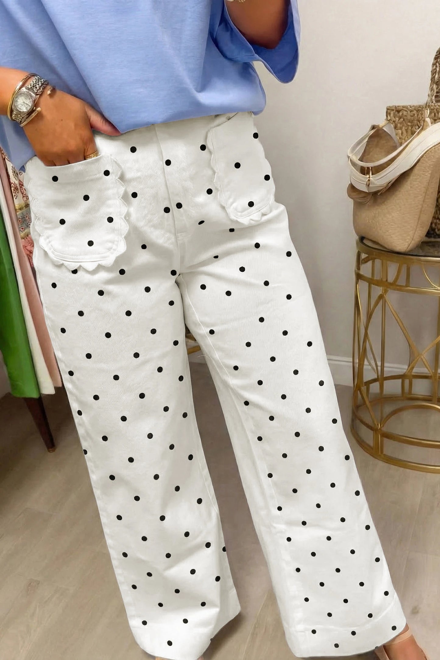 Rossi White Polka Dot Print Scalloped Patch Pocket Cotton Shift Pants