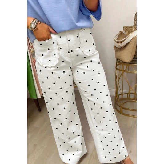 Rossi White Polka Dot Print Scalloped Patch Pocket Cotton Shift Pants
