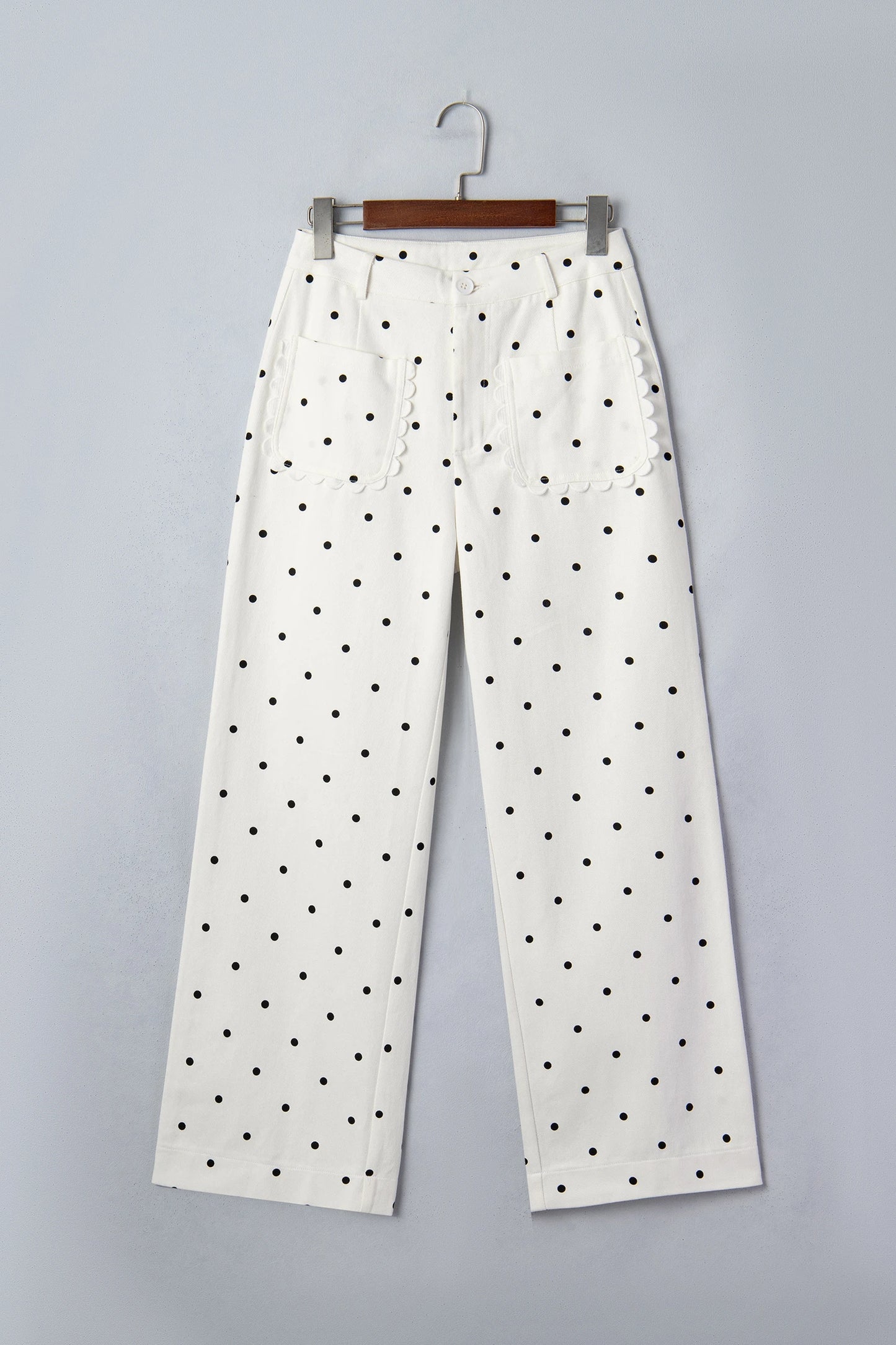 Rossi White Polka Dot Print Scalloped Patch Pocket Cotton Shift Pants