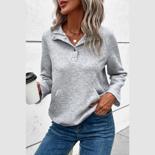 Roxana Grey Textured Knit Buttoned Kangaroo Pocket Sweatshirt - S to 3X