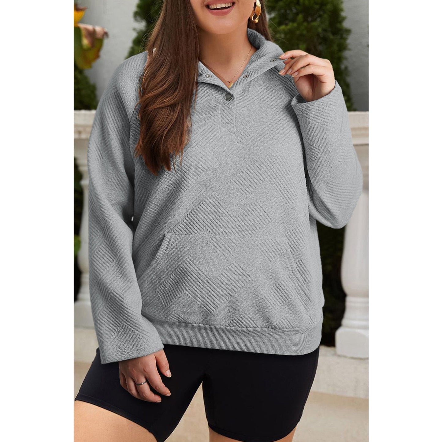 Roxana Grey Textured Knit Buttoned Kangaroo Pocket Sweatshirt - S to 3X