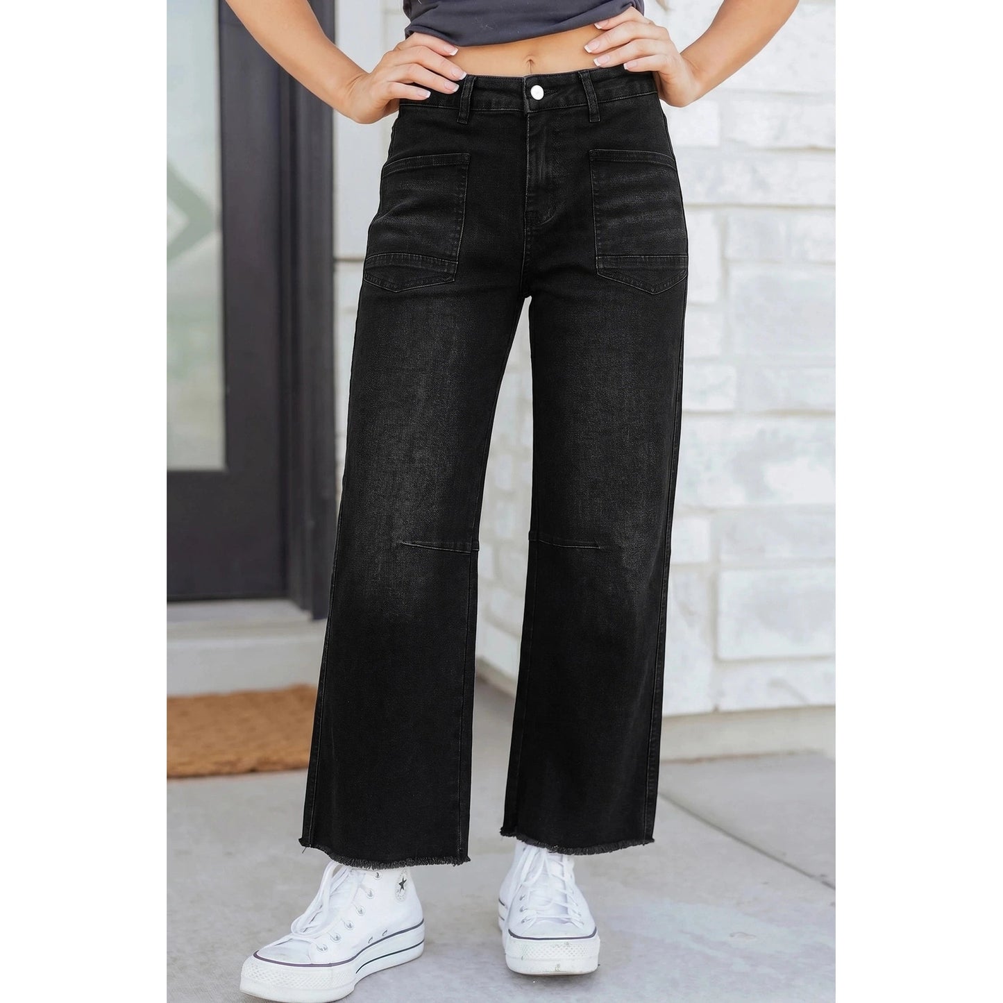 Roza Black Frayed Cropped Straight Jeans
