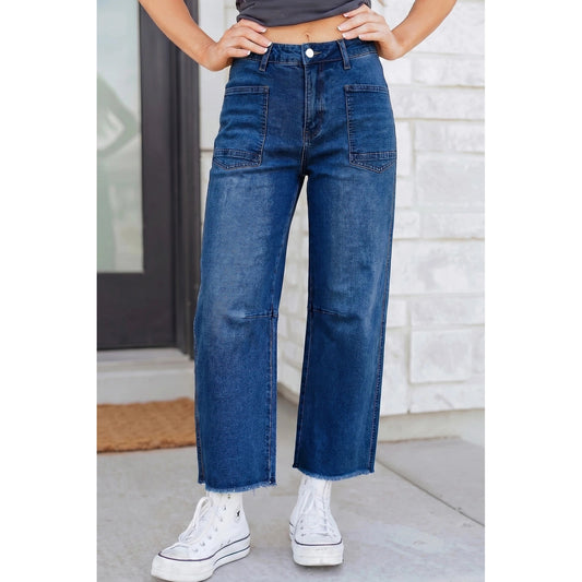 Roza Sail Blue Frayed Cropped Straight Jeans