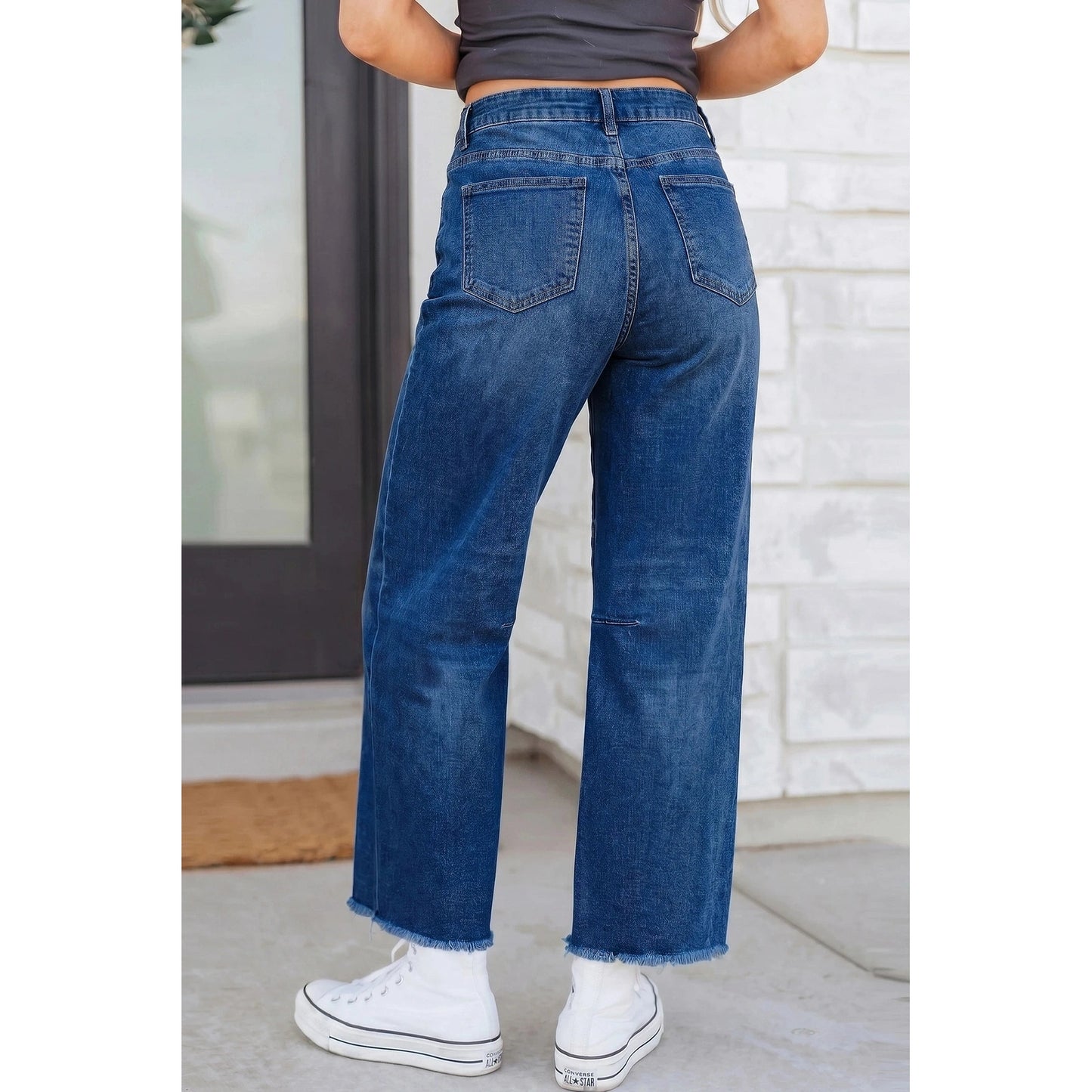 Roza Sail Blue Frayed Cropped Straight Jeans