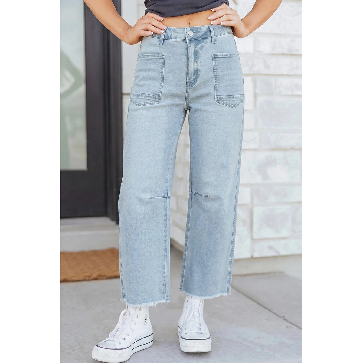 Roza LIght Blue Frayed Cropped Straight Jeans