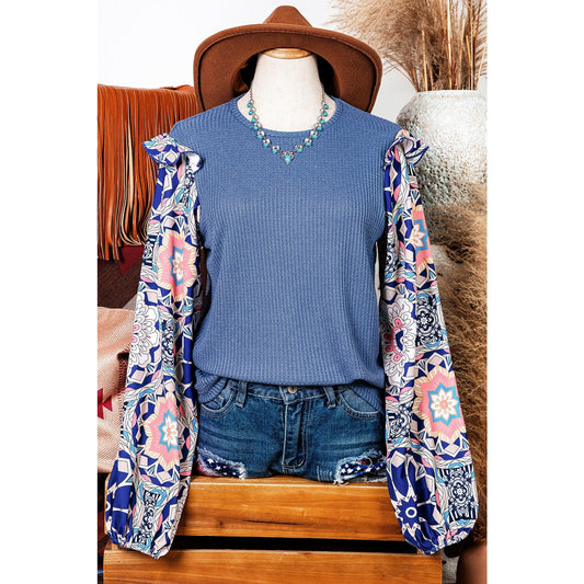 Rudra Blue Ruffled Floral Sleeve Patchwork Waffle Knit O Neck Blouse