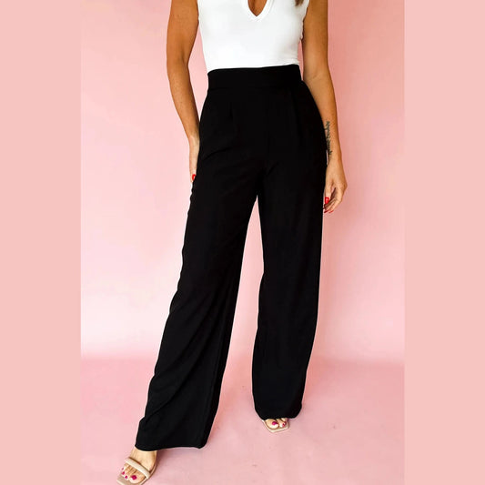 Rudra Black Pleated Detail Pull On High Elastic Waist Loose Straight Pants
