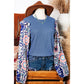 Rudra Blue Ruffled Floral Sleeve Patchwork Waffle Knit O Neck Blouse