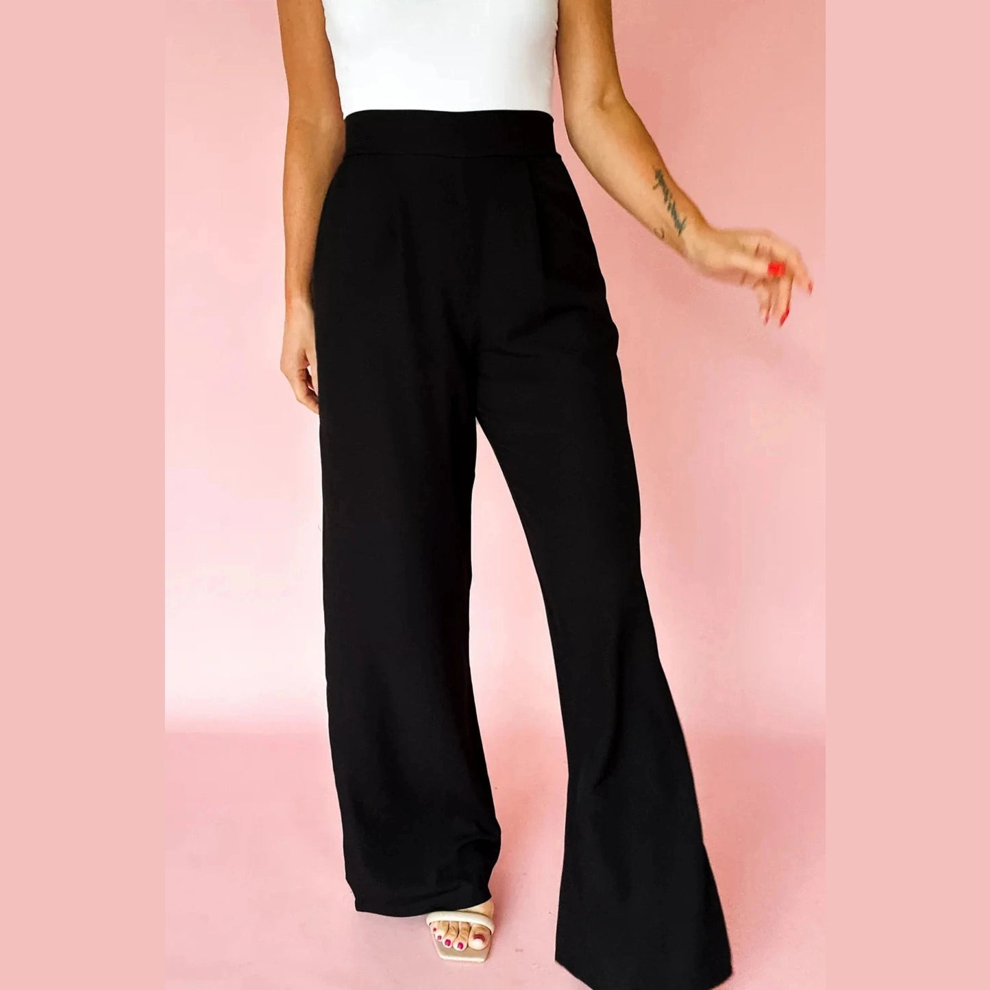 Rudra Black Pleated Detail Pull On High Elastic Waist Loose Straight Pants