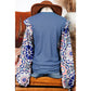 Rudra Blue Ruffled Floral Sleeve Patchwork Waffle Knit O Neck Blouse